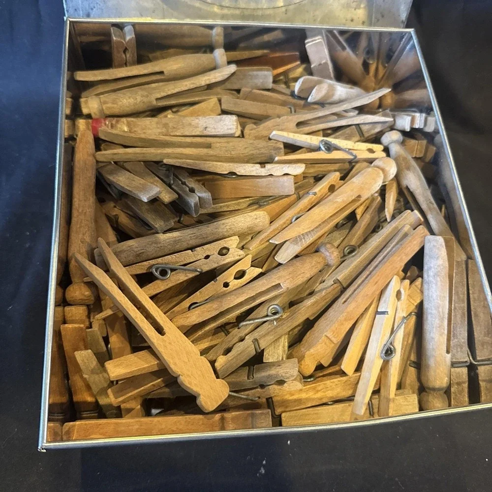 Mixed Lot Of Over 100 Vintage Wood Clothes Pins W/ Metal Delacre Container